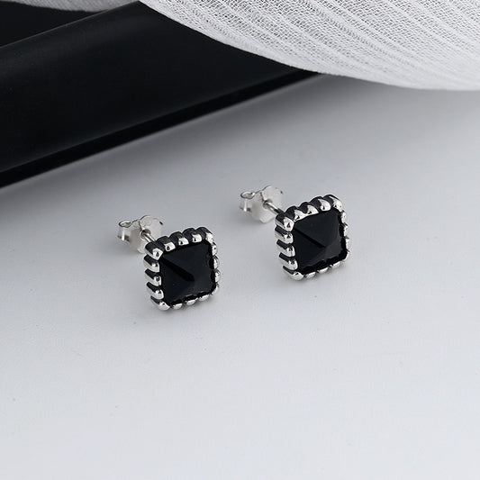 Simple And Small Black Zircon Earrings In Sterling Silver-Jewearrings