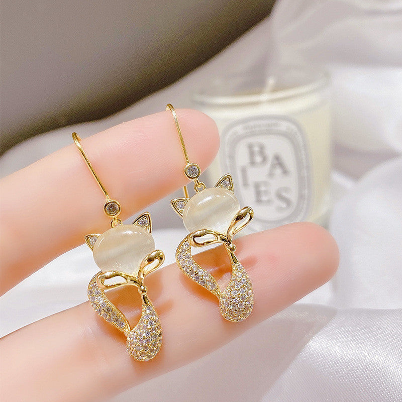 Opal Earrings Female Fox Earrings Sweet Temperament Long Style-Jewearrings