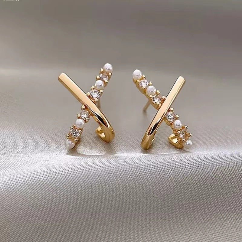 Delicate Petite Cross Pearl Stud Earrings-Jewearrings