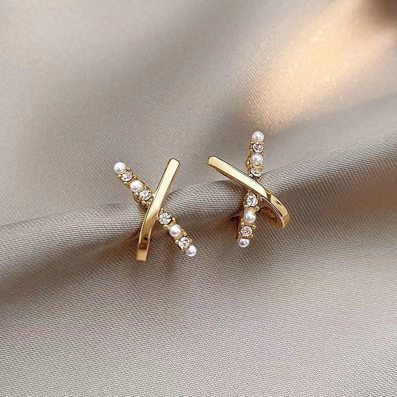 Delicate Petite Cross Pearl Stud Earrings-Jewearrings