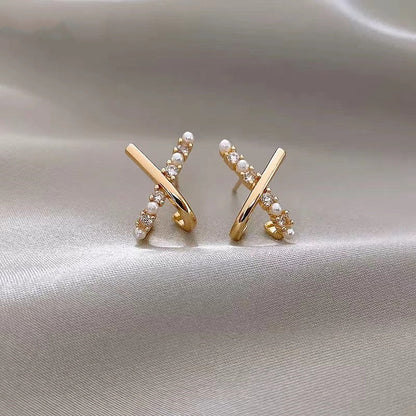 Delicate Petite Cross Pearl Stud Earrings-Jewearrings