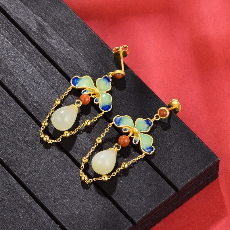 Women's Retro Chinese Style Hetian Jade S925 Silver Earrings Sense-Jewearrings