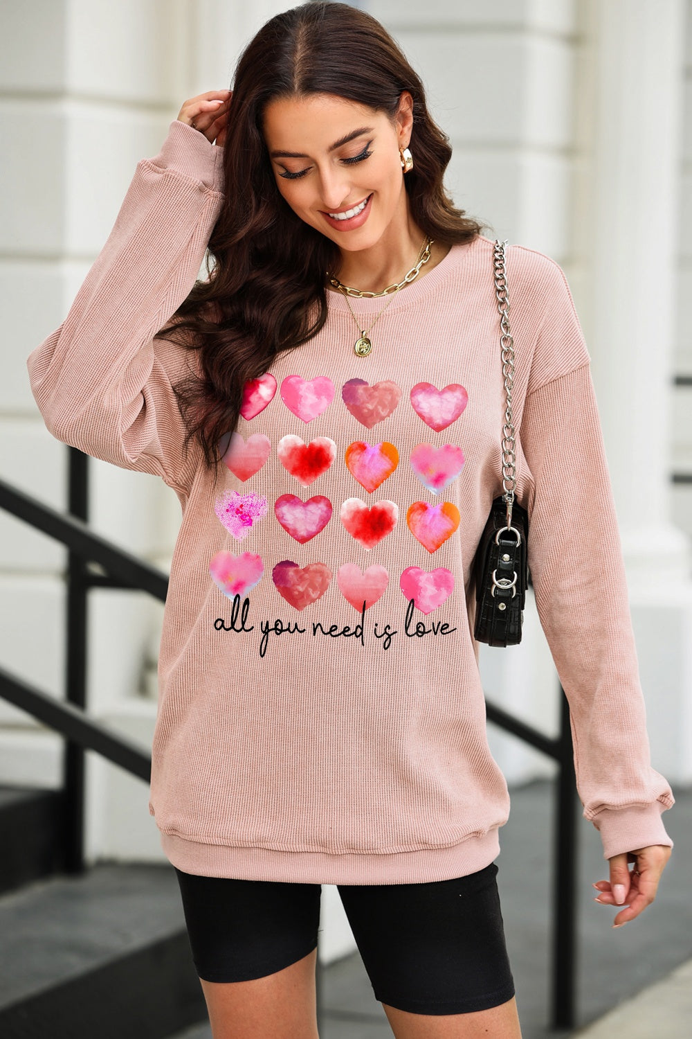 ALL YOU NEED IS LOVE Heart Round Neck Sweatshirt-Jewearrings