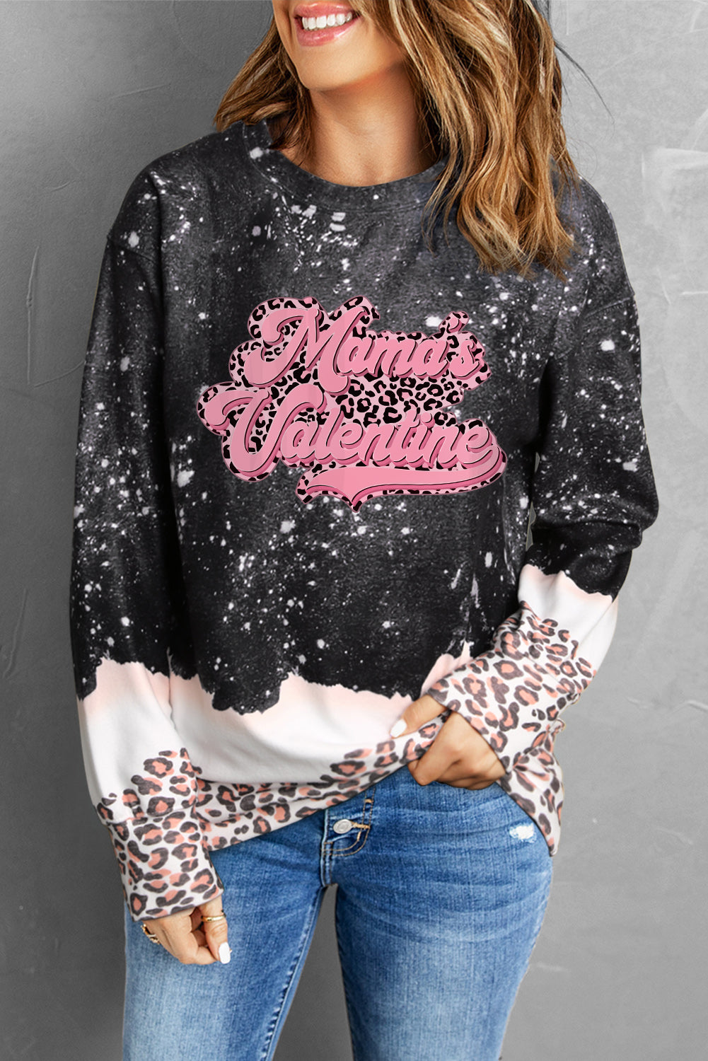 MAMA'S VALENTINE Leopard Round Neck Sweatshirt-Jewearrings