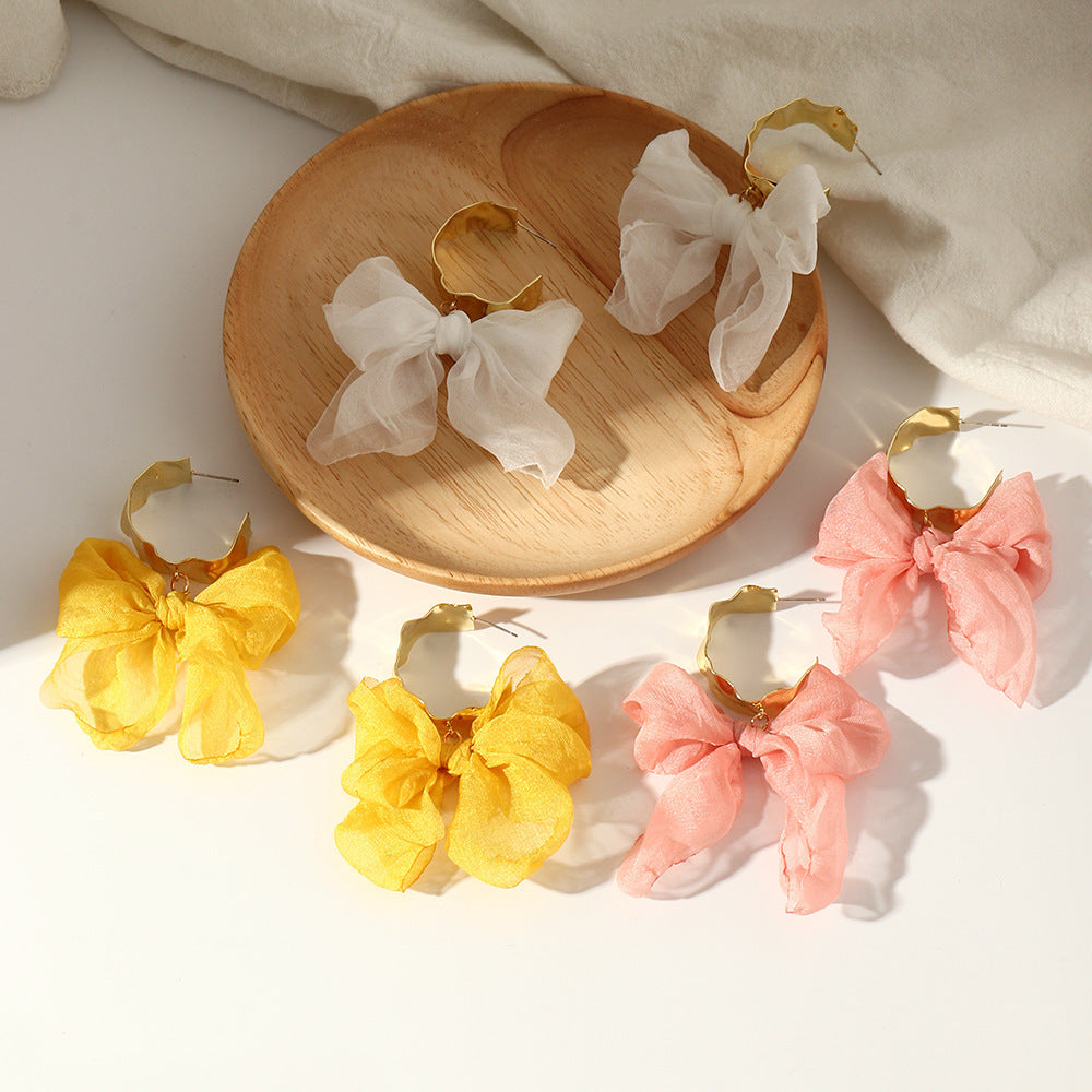 Gentle Temperament Fabric Yarn Bow Earrings-Jewearrings