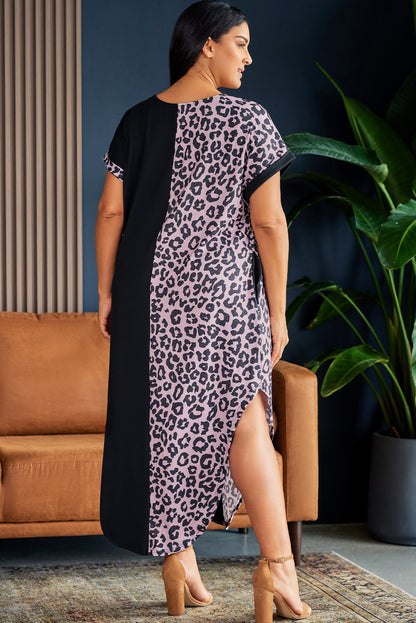 Plus Size Contrast Leopard Short Sleeve Midi Dress-Jewearrings