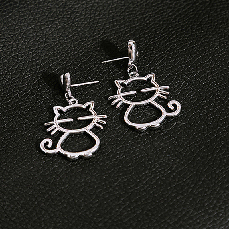 Silver Needle Metal Melancholy Cat Temperament Earrings Simple Asymmetric-Jewearrings