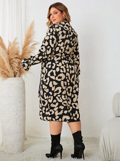 Plus Size Leopard Surplice Neck Flounce Sleeve Dress-Jewearrings