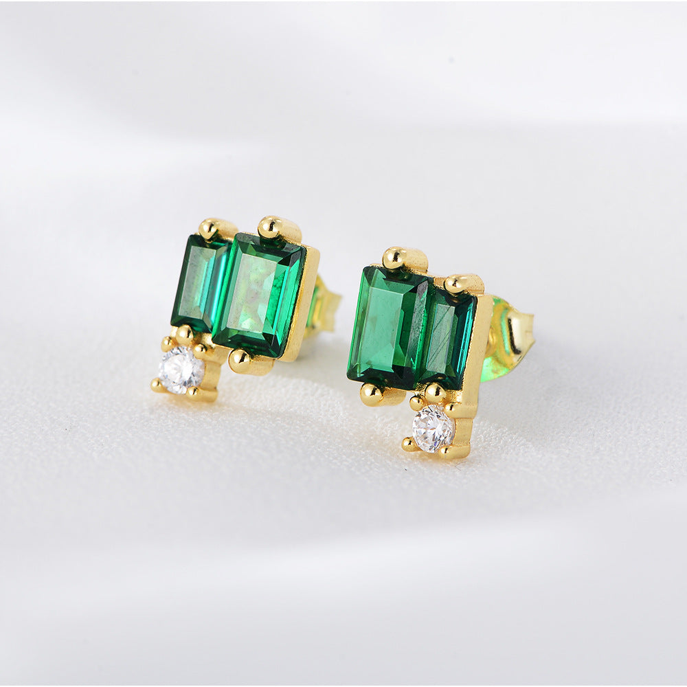 Simple Geometric Square Emerald Zircon Stud Earrings Sterling Silver Style Graceful Earrings-Jewearrings