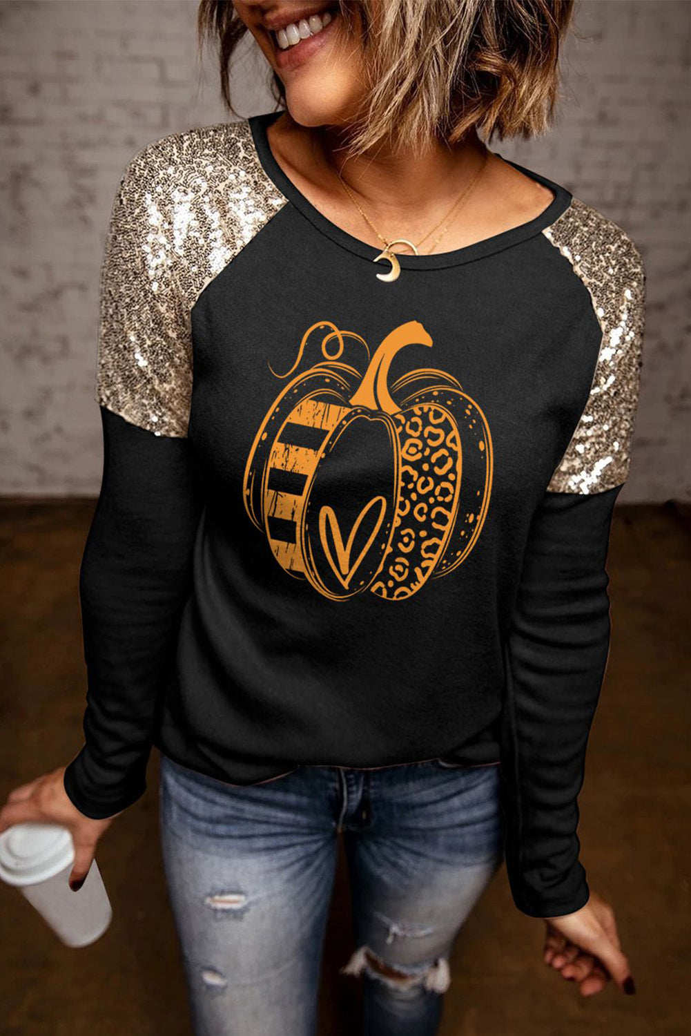 Pumpkin Graphic Sequin T-Shirt-Jewearrings