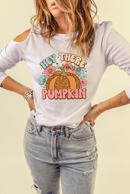 Asymmetrical HEY THERE PUMPKIN Graphic Cold Shoulder Tee-Jewearrings