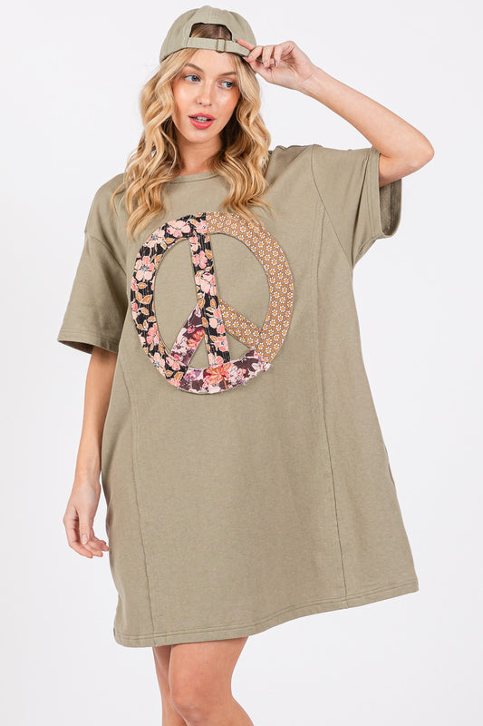 SAGE + FIG Full Size Peace Sign Applique Short Sleeve Tee Dress-Jewearrings