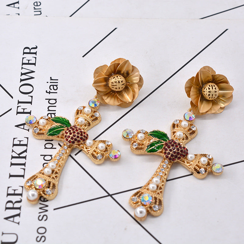 Vintage Baroque Catwalk Style Cross Earrings Female Accessories-Jewearrings