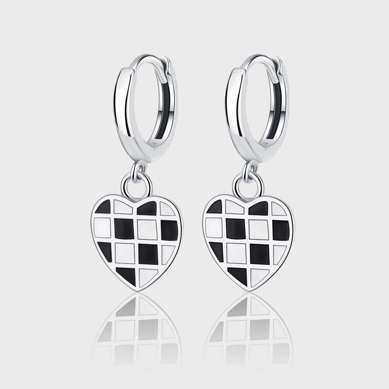 All Over 925 Sterling Silver Heart Chessboard Latch Earrings Black And White Oil Drop Process Earrings-Jewearrings