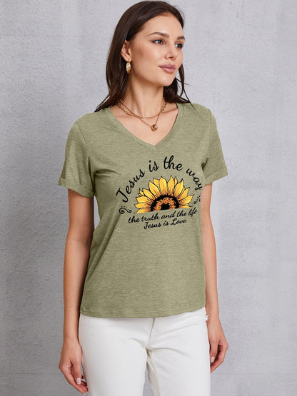 Sunflower V-Neck Short Sleeve T-Shirt-Jewearrings