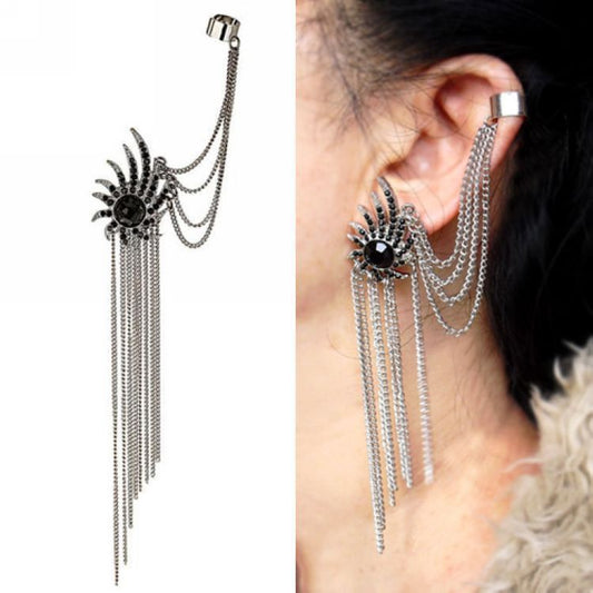 Diamond black firework tassel ear bone clip earrings-Jewearrings