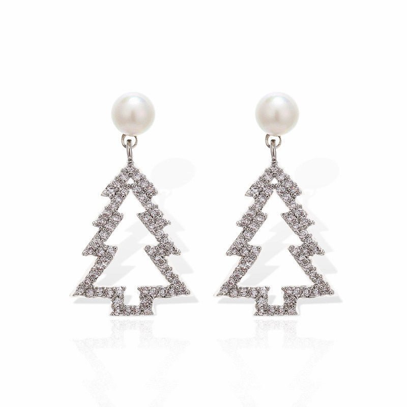 Diamond Christmas Tree Earrings Pearl Fashion Christmas-Jewearrings