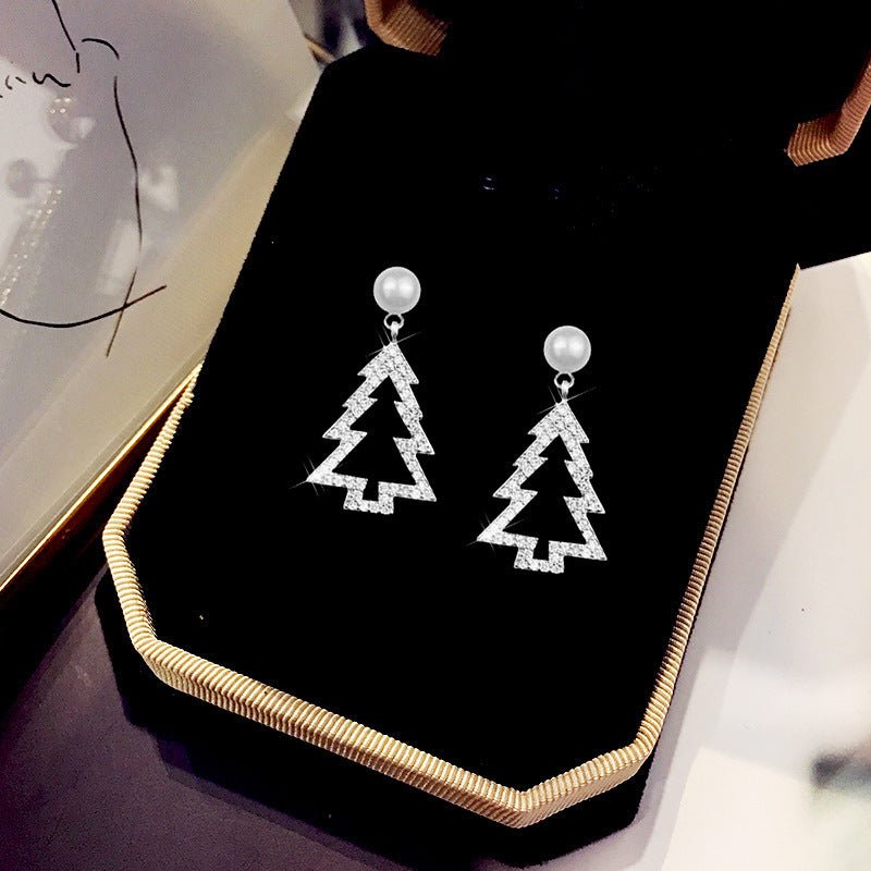 Diamond Christmas Tree Earrings Pearl Fashion Christmas-Jewearrings