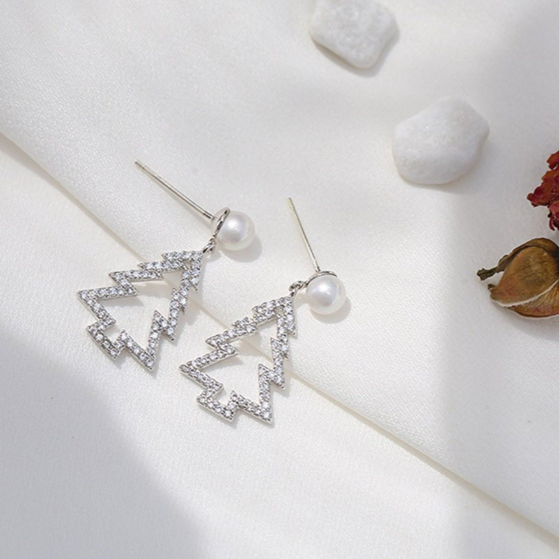 Diamond Christmas Tree Earrings Pearl Fashion Christmas-Jewearrings