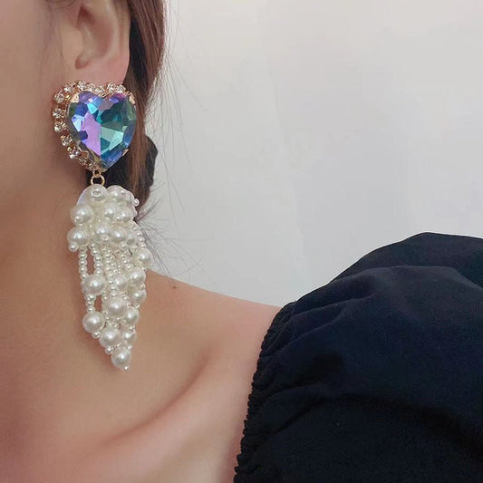 Diamond Crystal Pearl Fringe Exaggerated Earrings-Jewearrings