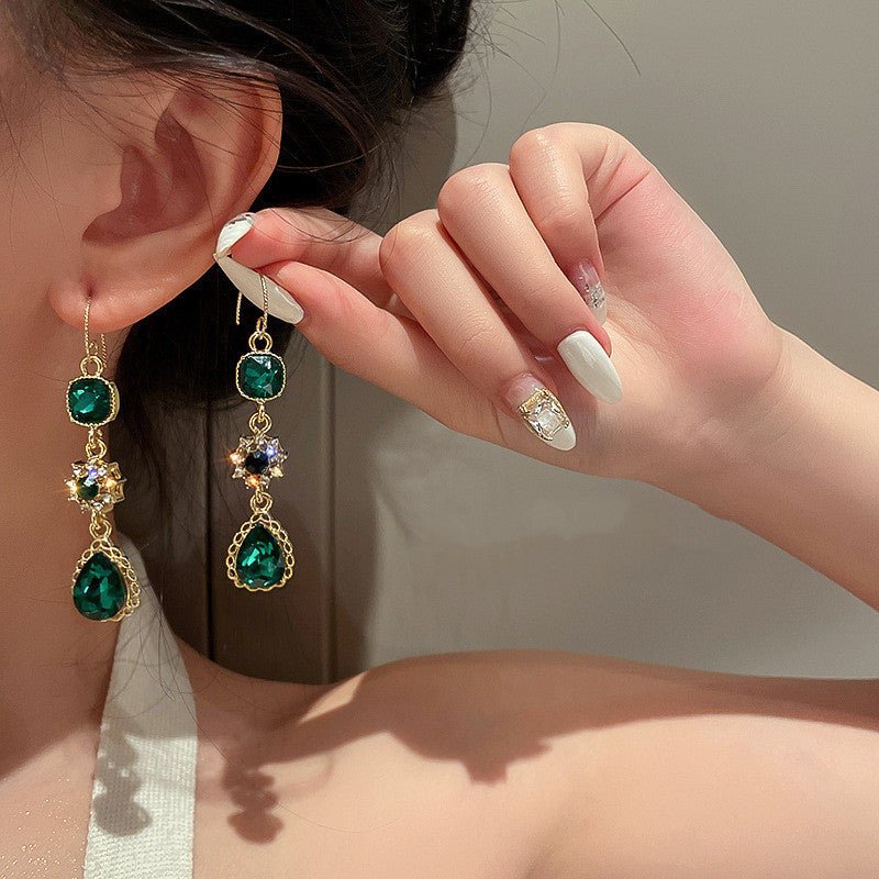 Diamond Emerald Ear Hook Earrings-Jewearrings