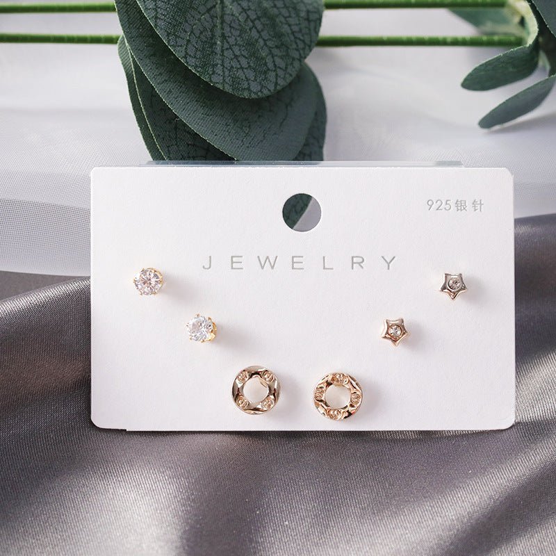 Diamond Gold Small Female Earrings Korean Student Trend Simple Three Pairs Set Earrings-Jewearrings