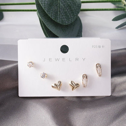 Diamond Gold Small Female Earrings Korean Student Trend Simple Three Pairs Set Earrings-Jewearrings