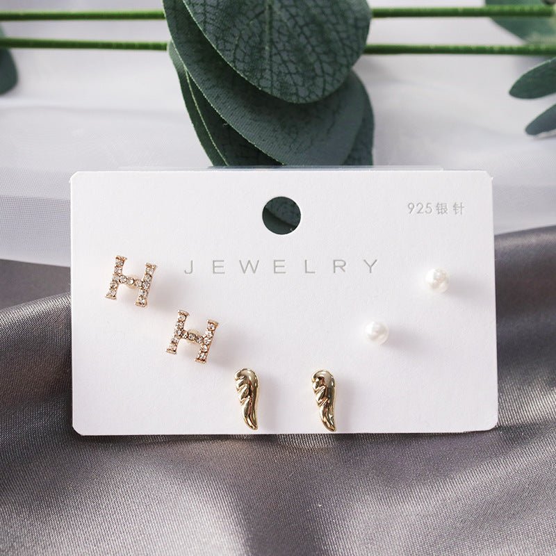 Diamond Gold Small Female Earrings Korean Student Trend Simple Three Pairs Set Earrings-Jewearrings