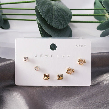 Diamond Gold Small Female Earrings Korean Student Trend Simple Three Pairs Set Earrings-Jewearrings