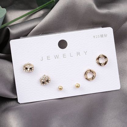 Diamond Gold Small Female Earrings Korean Student Trend Simple Three Pairs Set Earrings-Jewearrings