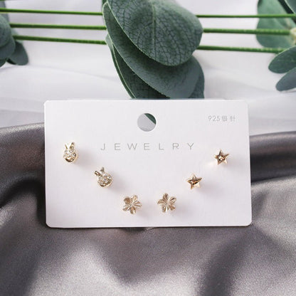 Diamond Gold Small Female Earrings Korean Student Trend Simple Three Pairs Set Earrings-Jewearrings