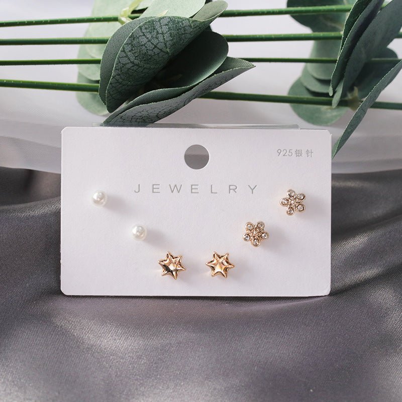 Diamond Gold Small Female Earrings Korean Student Trend Simple Three Pairs Set Earrings-Jewearrings