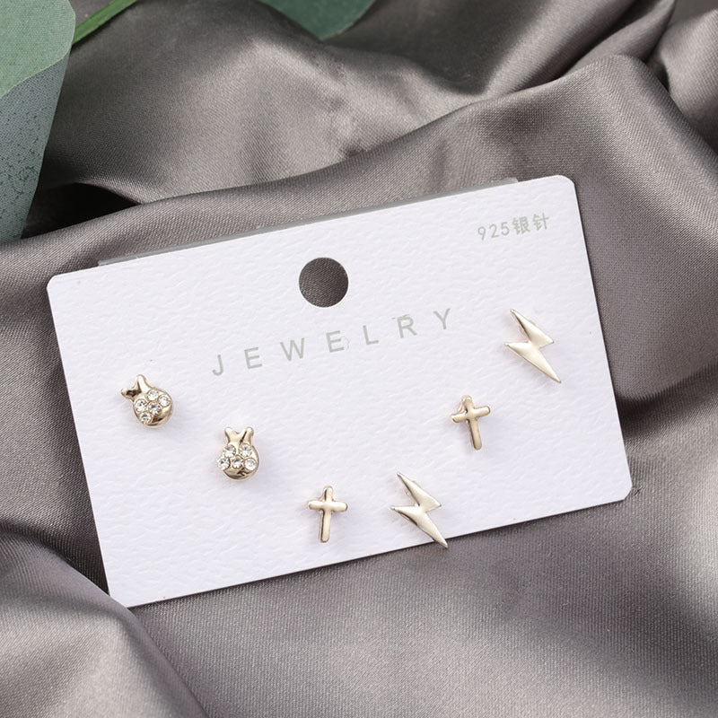 Diamond Gold Small Female Earrings Korean Student Trend Simple Three Pairs Set Earrings-Jewearrings