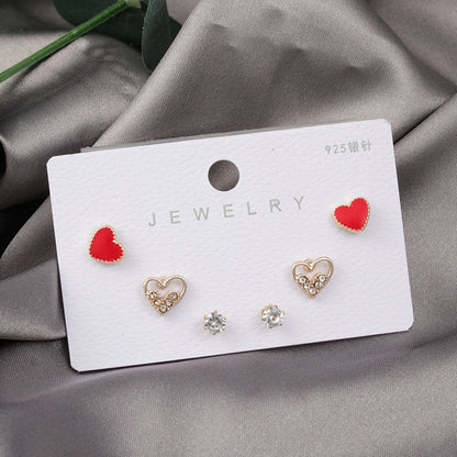 Diamond Gold Small Female Earrings Korean Student Trend Simple Three Pairs Set Earrings-Jewearrings