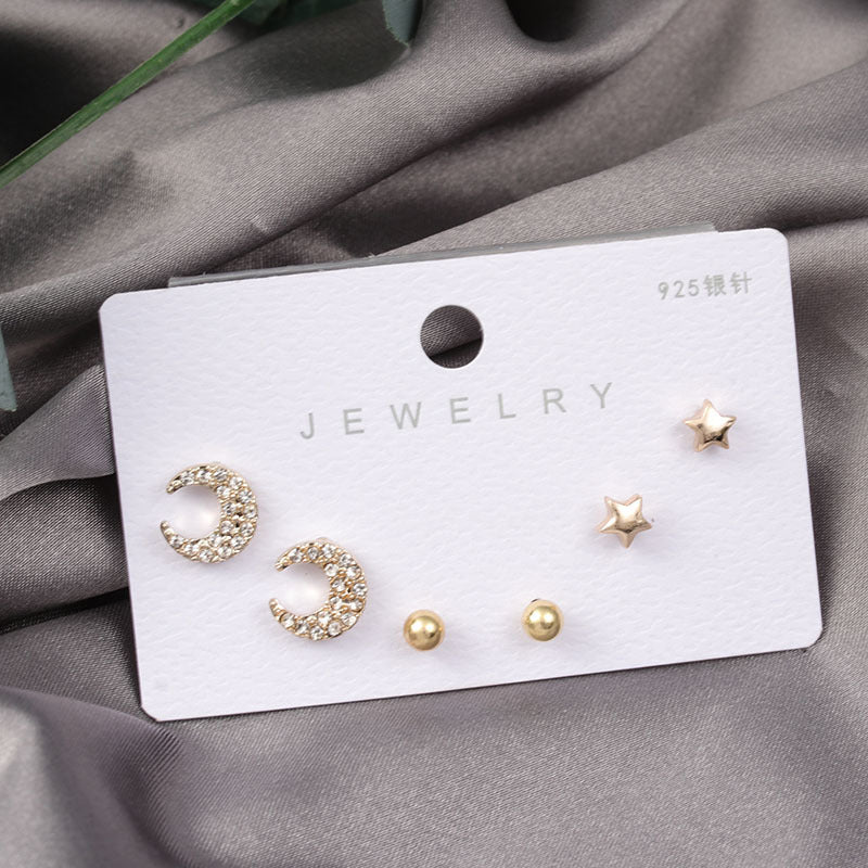 Diamond Gold Small Female Earrings Korean Student Trend Simple Three Pairs Set Earrings-Jewearrings