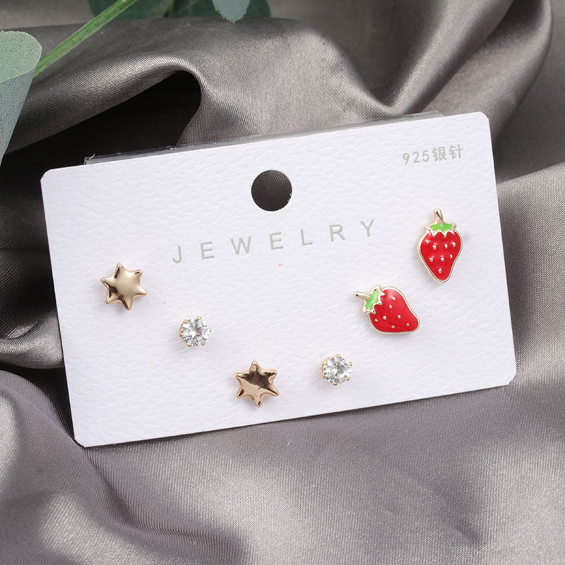 Diamond Gold Small Female Earrings Korean Student Trend Simple Three Pairs Set Earrings-Jewearrings