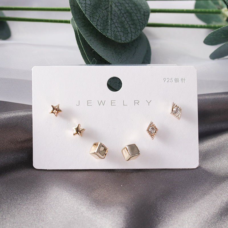 Diamond Gold Small Female Earrings Korean Student Trend Simple Three Pairs Set Earrings-Jewearrings