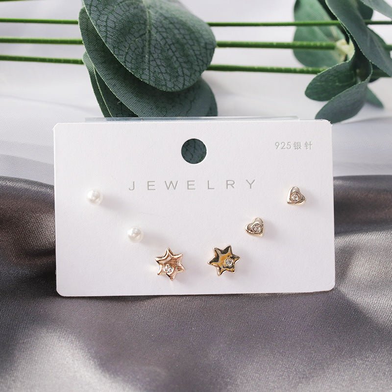 Diamond Gold Small Female Earrings Korean Student Trend Simple Three Pairs Set Earrings-Jewearrings