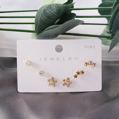 Diamond Gold Small Female Earrings Korean Student Trend Simple Three Pairs Set Earrings-Jewearrings