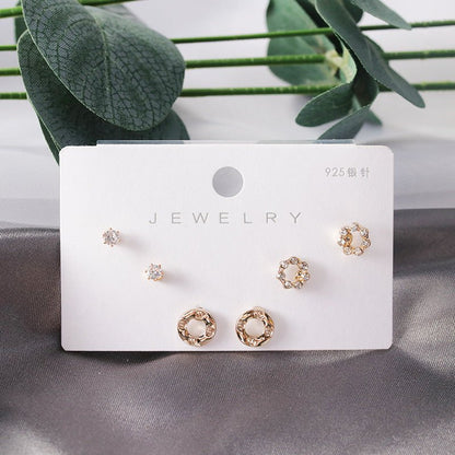 Diamond Gold Small Female Earrings Korean Student Trend Simple Three Pairs Set Earrings-Jewearrings