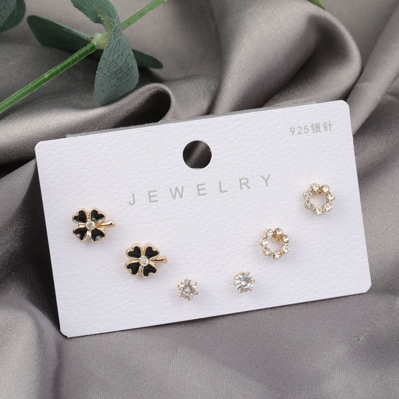 Diamond Gold Small Female Earrings Korean Student Trend Simple Three Pairs Set Earrings-Jewearrings