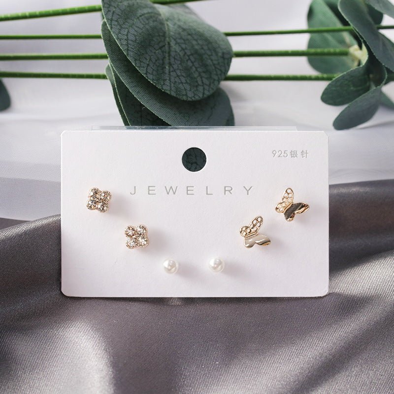 Diamond Gold Small Female Earrings Korean Student Trend Simple Three Pairs Set Earrings-Jewearrings