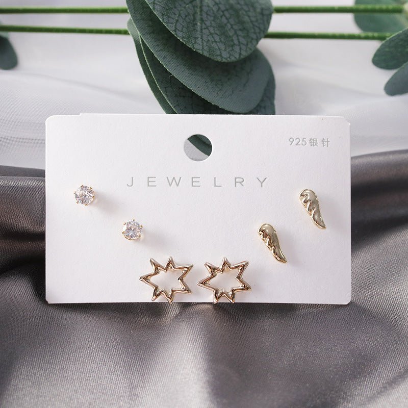 Diamond Gold Small Female Earrings Korean Student Trend Simple Three Pairs Set Earrings-Jewearrings