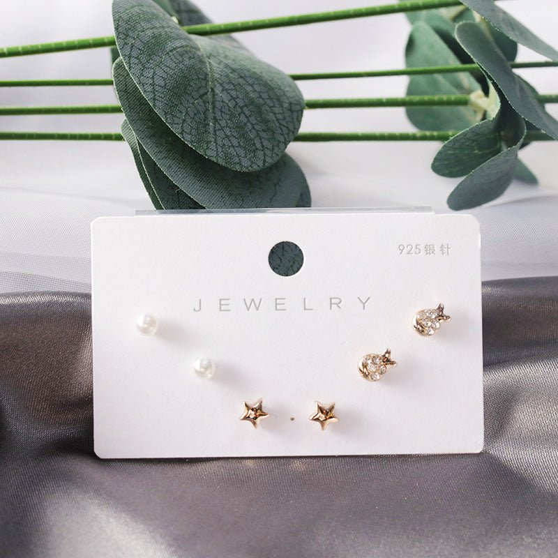 Diamond Gold Small Female Earrings Korean Student Trend Simple Three Pairs Set Earrings-Jewearrings