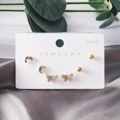 Diamond Gold Small Female Earrings Korean Student Trend Simple Three Pairs Set Earrings-Jewearrings