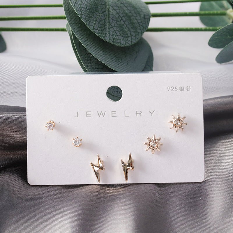 Diamond Gold Small Female Earrings Korean Student Trend Simple Three Pairs Set Earrings-Jewearrings