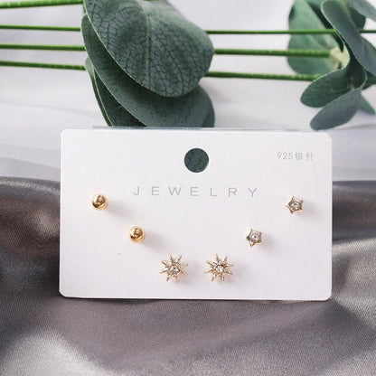 Diamond Gold Small Female Earrings Korean Student Trend Simple Three Pairs Set Earrings-Jewearrings