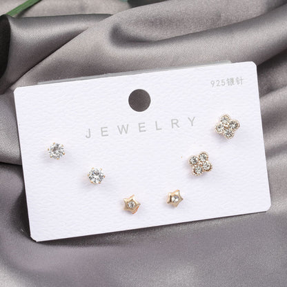 Diamond Gold Small Female Earrings Korean Student Trend Simple Three Pairs Set Earrings-Jewearrings