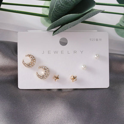 Diamond Gold Small Female Earrings Korean Student Trend Simple Three Pairs Set Earrings-Jewearrings