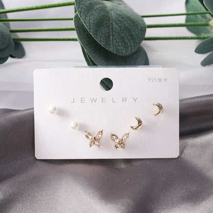 Diamond Gold Small Female Earrings Korean Student Trend Simple Three Pairs Set Earrings-Jewearrings